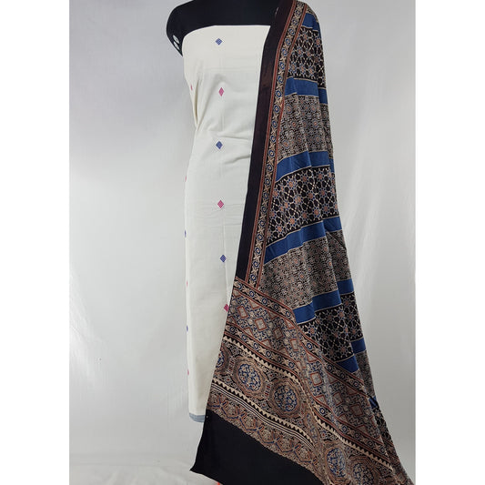 Hand printed natural dyed Ajrakh modal silk dupatta with handmade yarn  cotton jamdani butta  top / Salwar Set - Vinshika