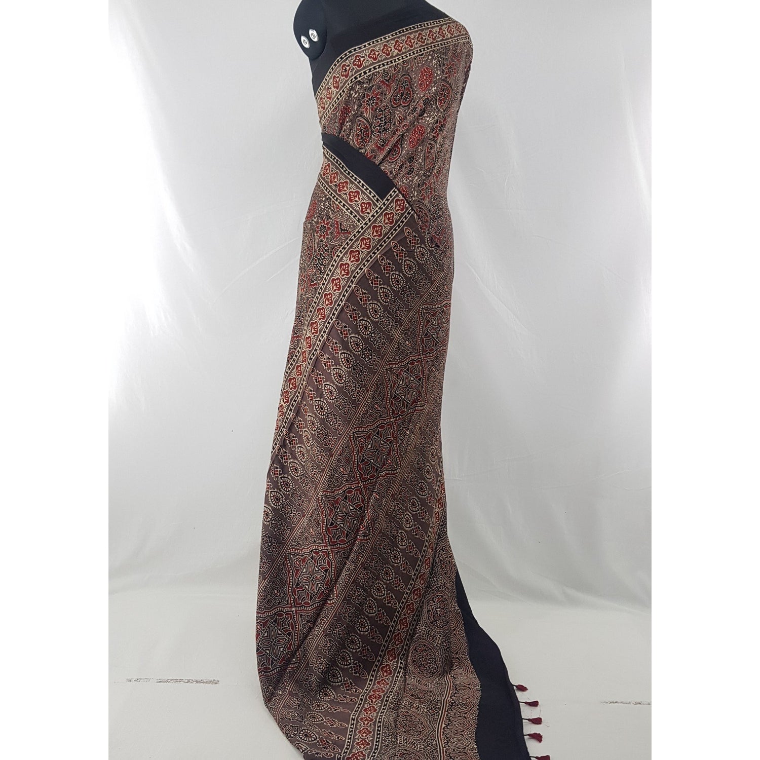 Ajrakh hand block printed natural dyed Modal Silk saree with Tassels - Vinshika
