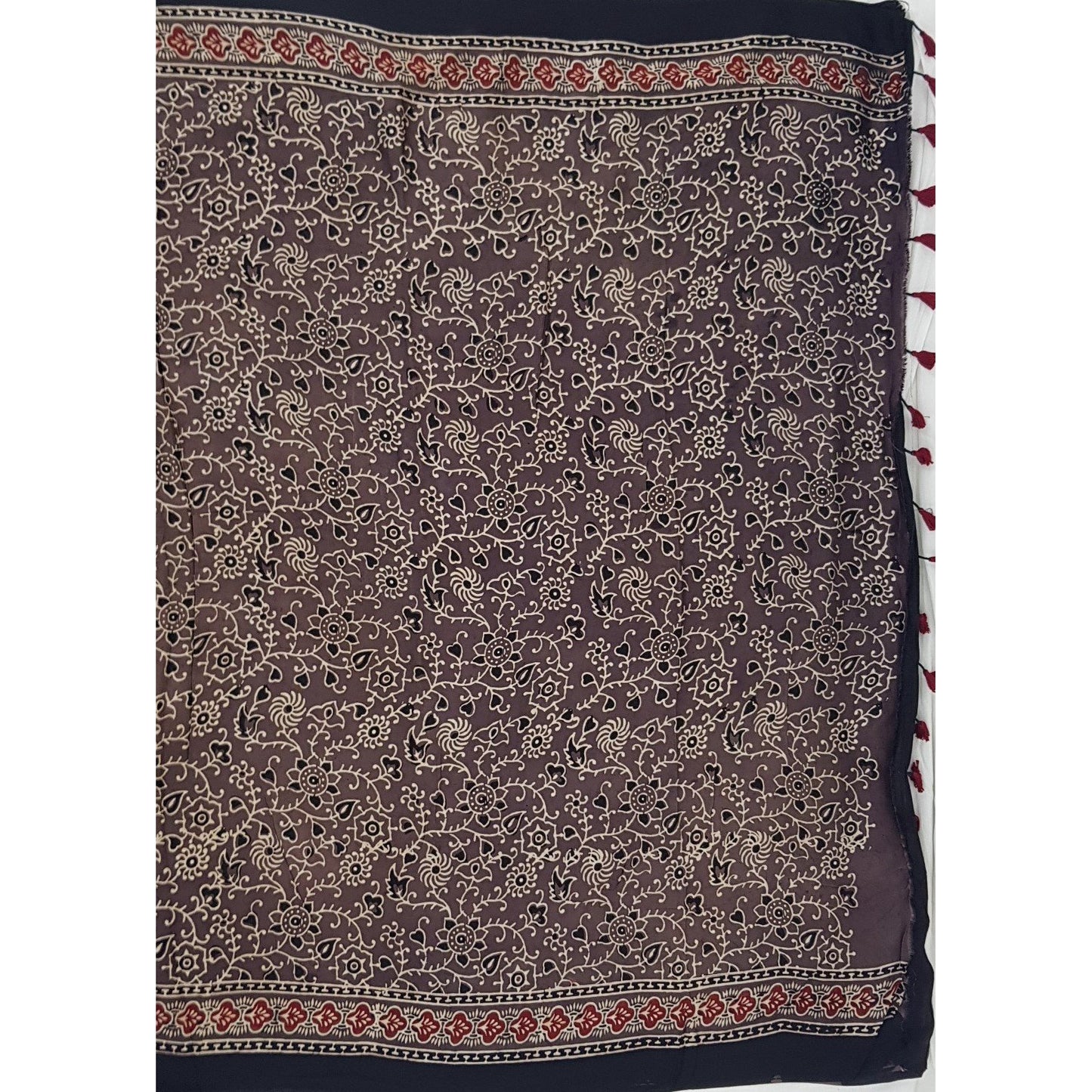 Ajrakh hand block printed natural dyed Modal Silk saree with Tassels - Vinshika