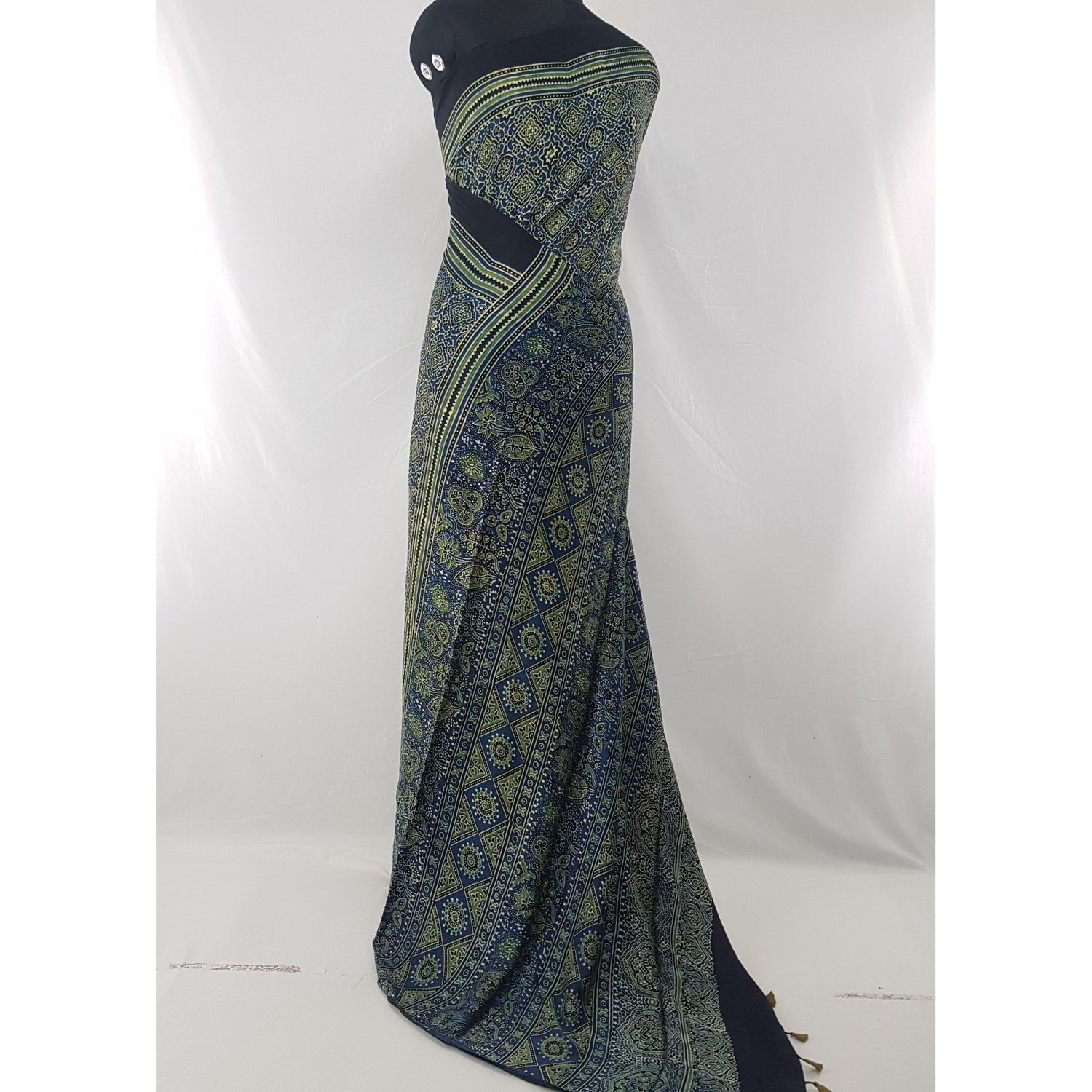 Ajrakh hand block printed natural dyed Modal Silk saree with Tassels - Vinshika