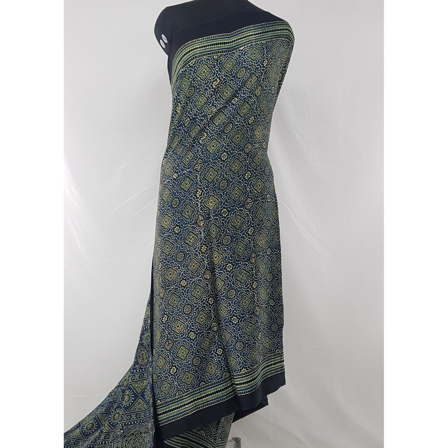 Ajrakh hand block printed natural dyed Modal Silk saree with Tassels - Vinshika