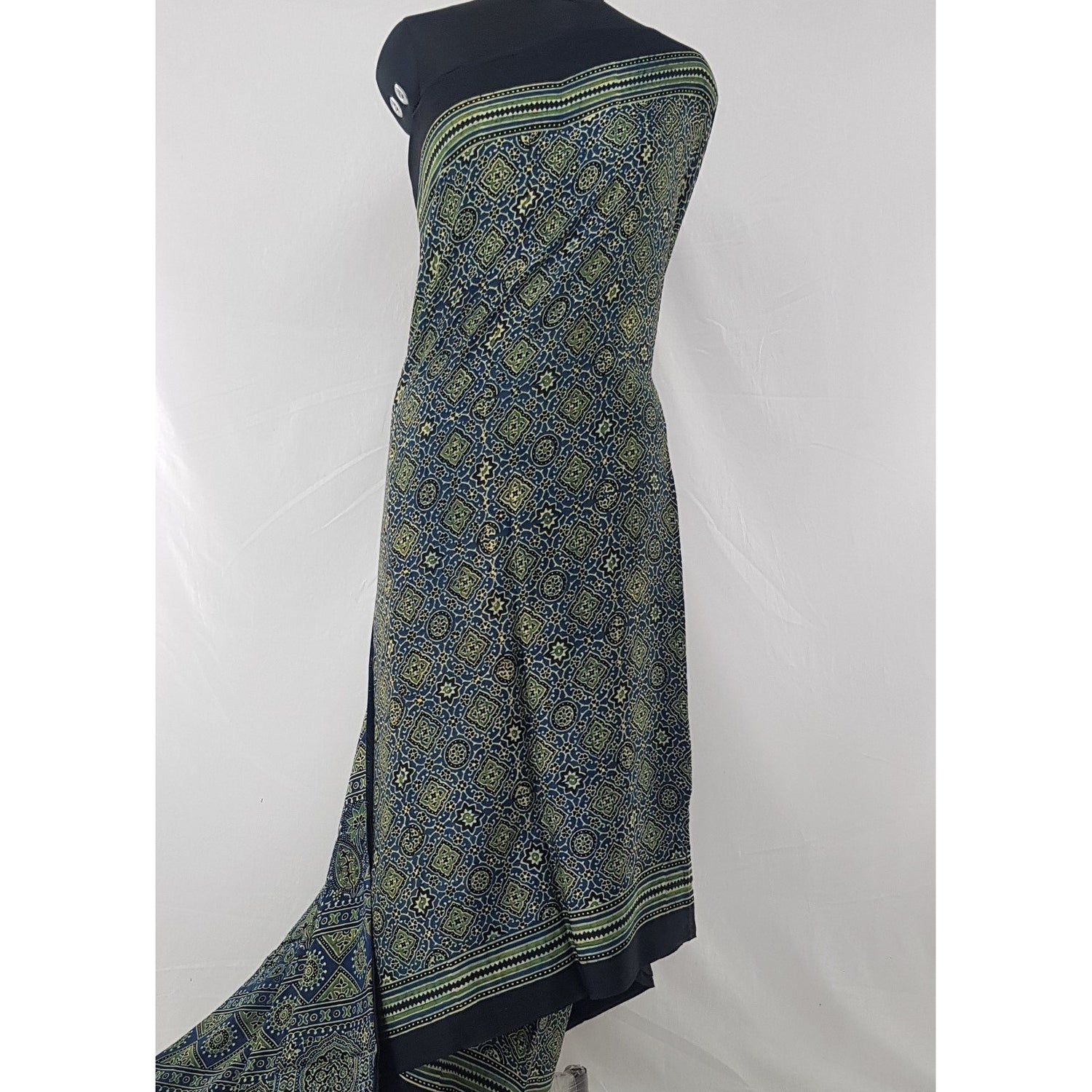 Ajrakh hand block printed natural dyed Modal Silk saree with Tassels - Vinshika