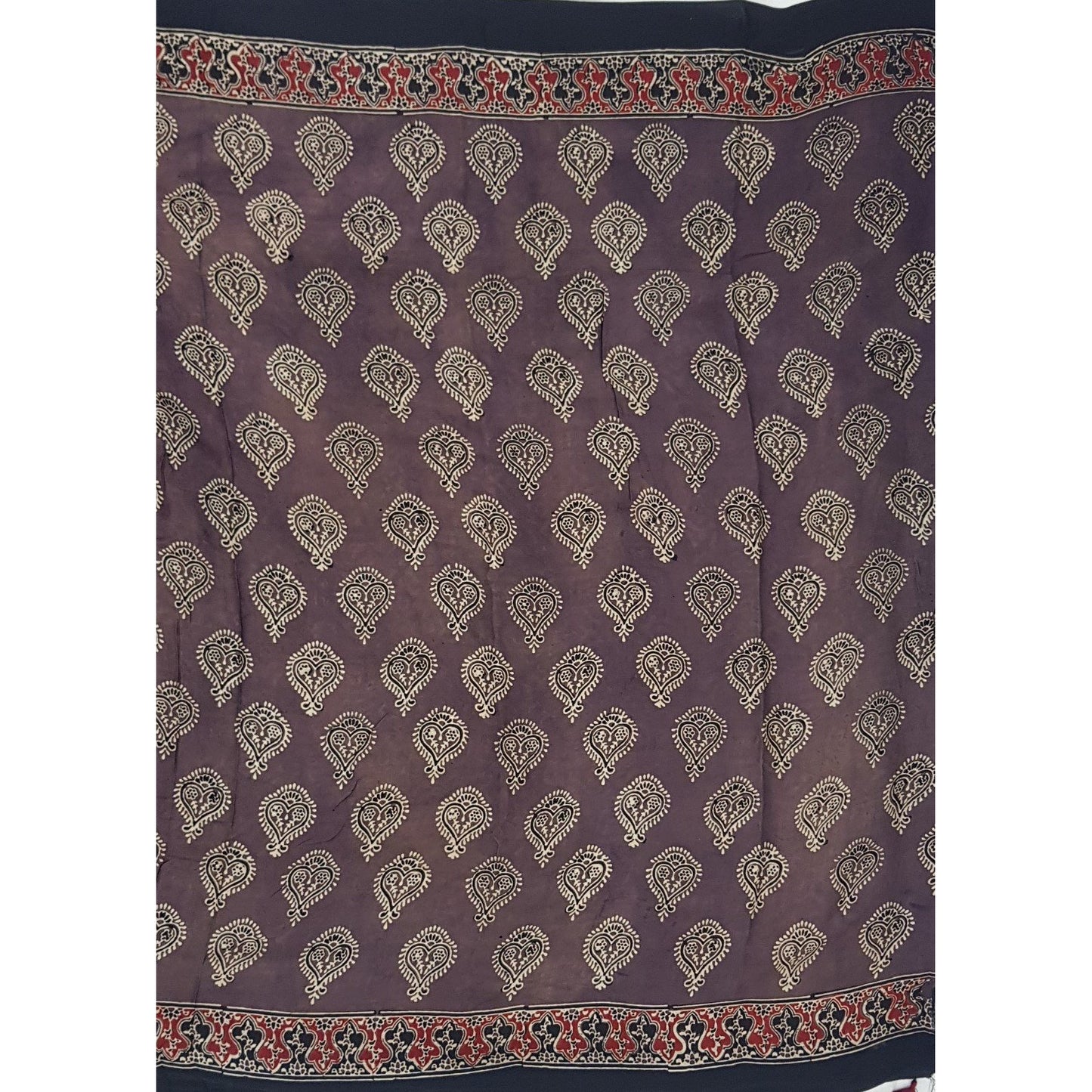 Ajrakh hand block printed natural dyed Modal Silk saree with Tassels - Vinshika