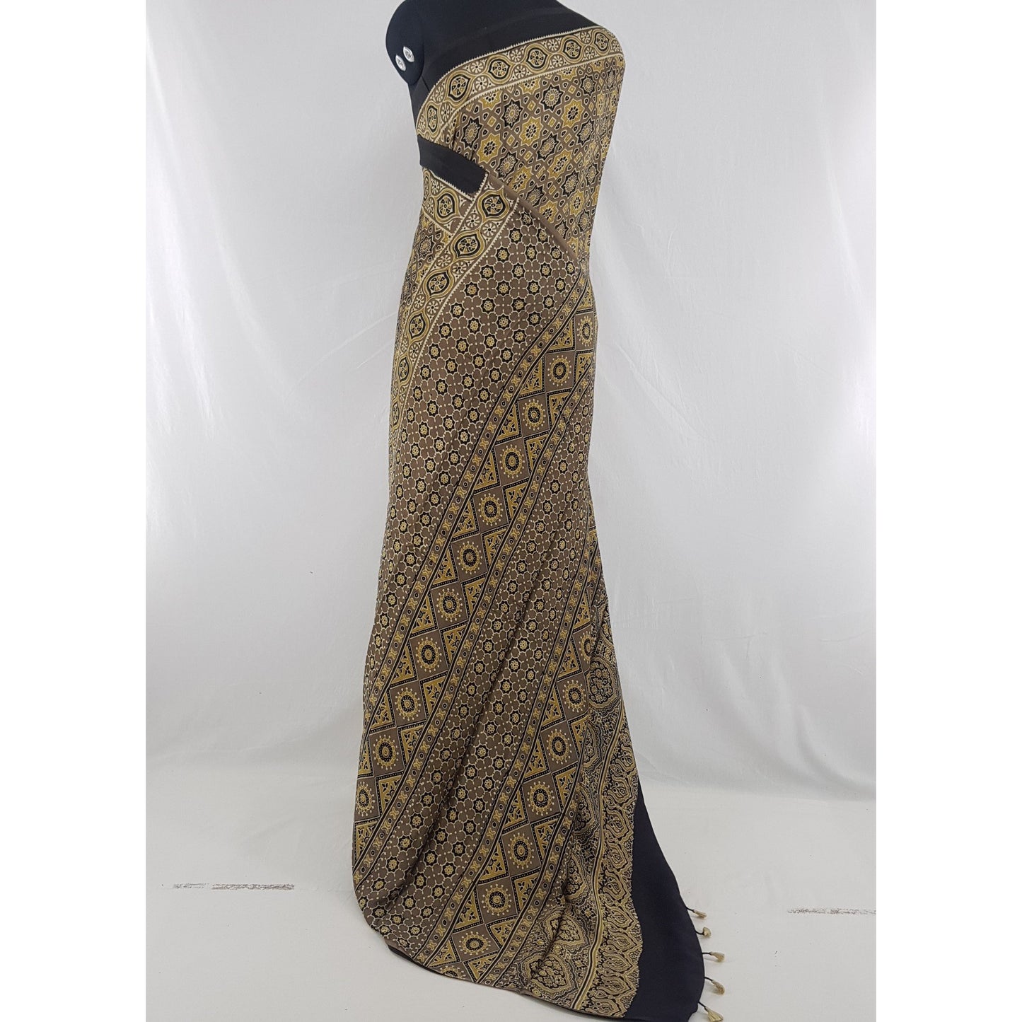 Ajrakh hand block printed natural dyed Modal Silk saree with Tassels - Vinshika