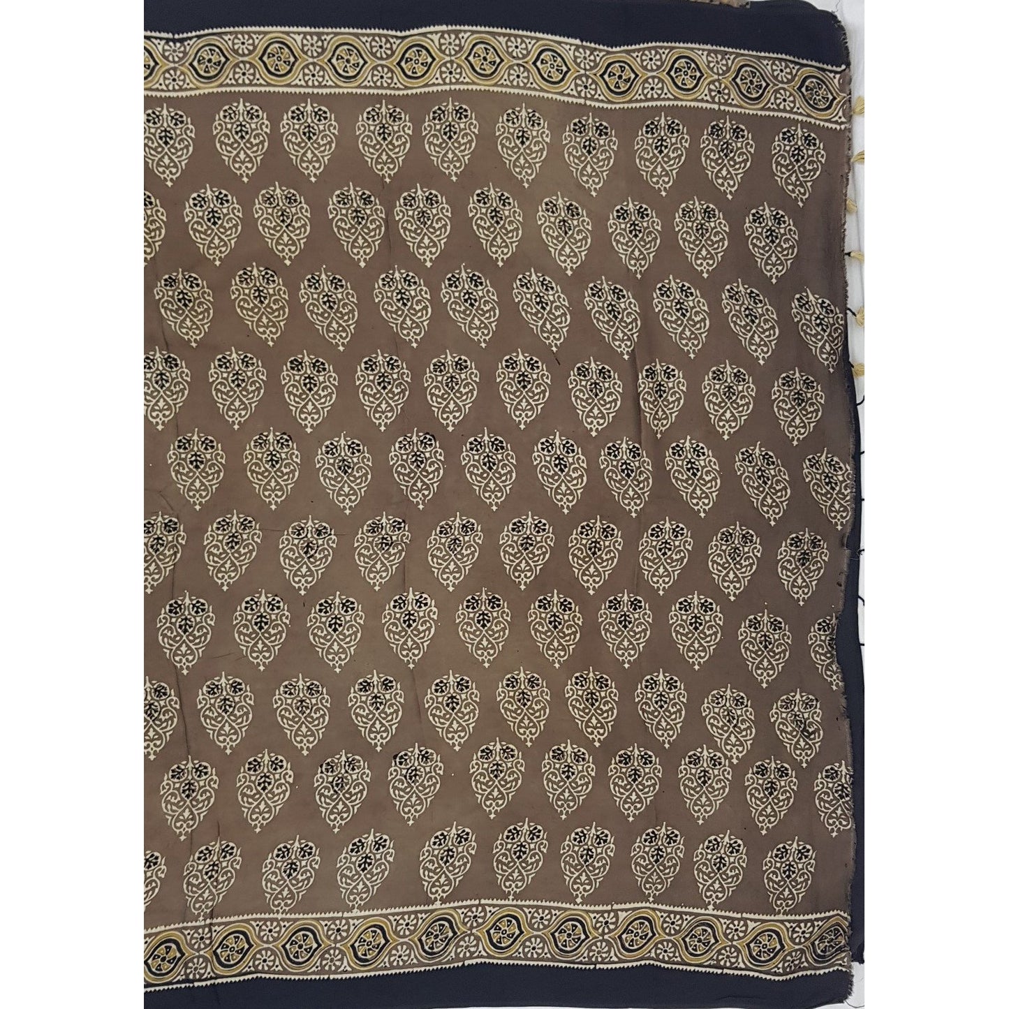 Ajrakh hand block printed natural dyed Modal Silk saree with Tassels - Vinshika
