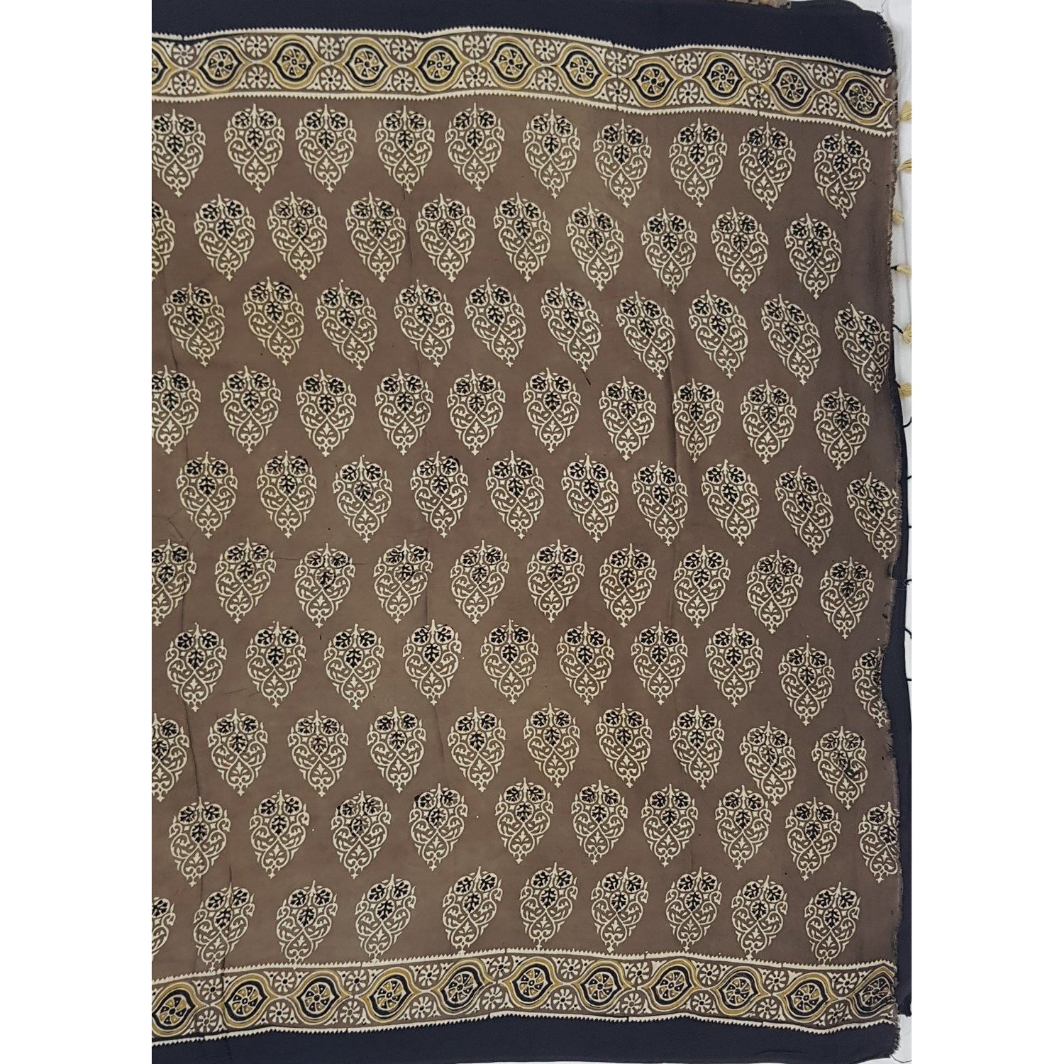 Ajrakh hand block printed natural dyed Modal Silk saree with Tassels - Vinshika