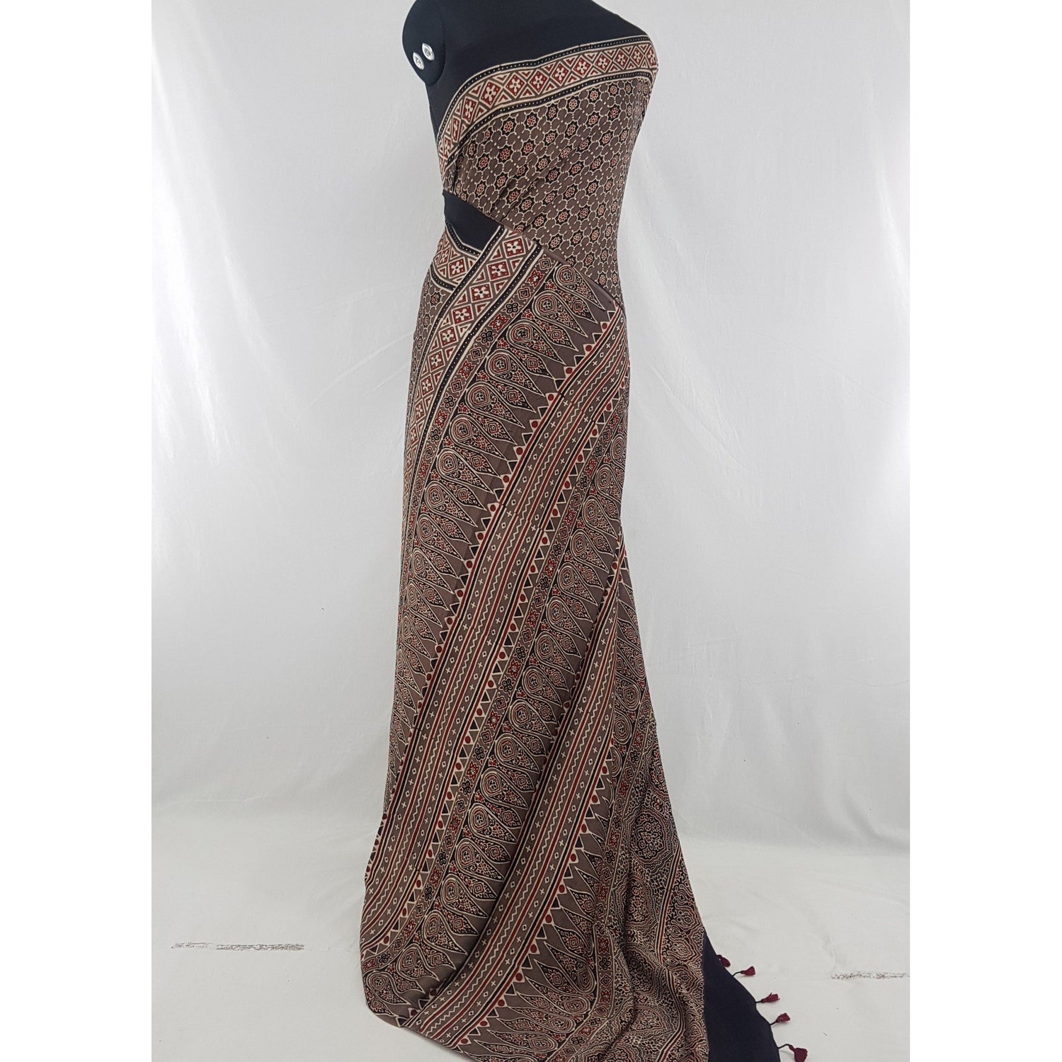 Ajrakh hand block printed natural dyed Modal Silk saree with Tassels - Vinshika