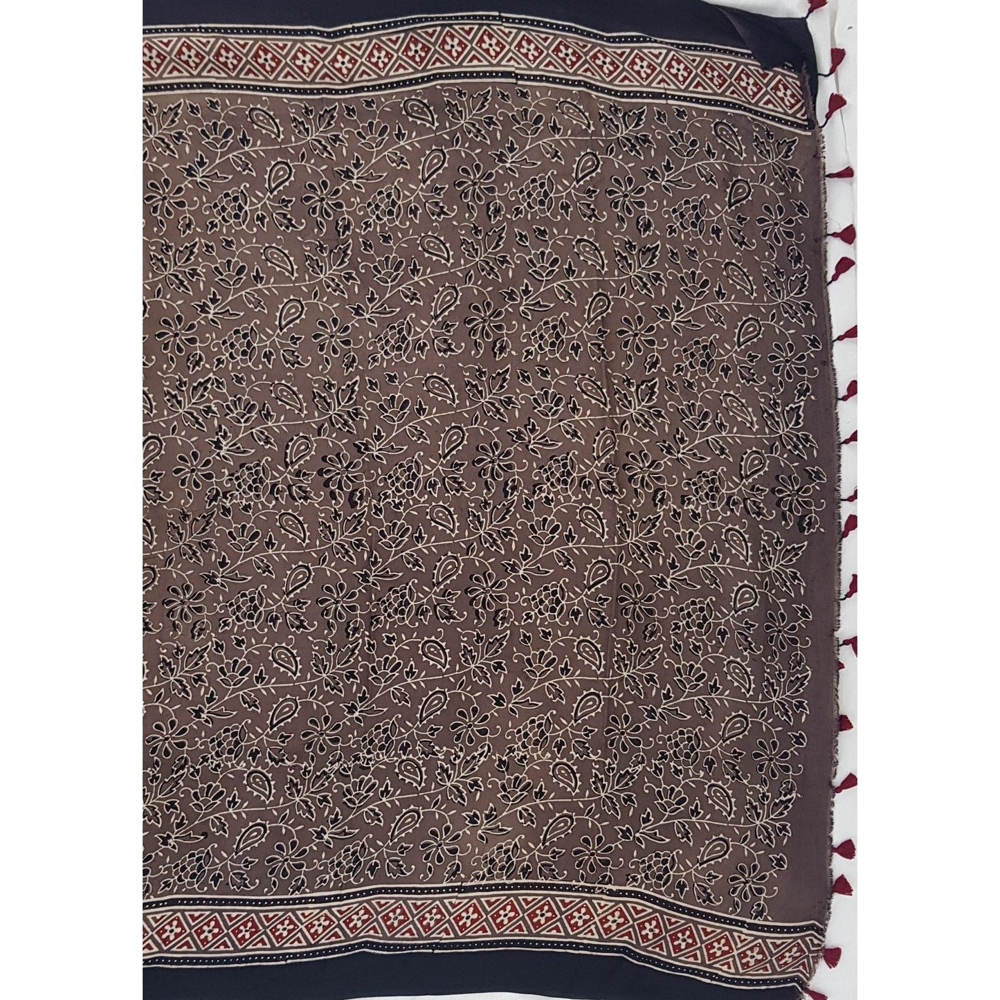 Ajrakh hand block printed natural dyed Modal Silk saree with Tassels - Vinshika