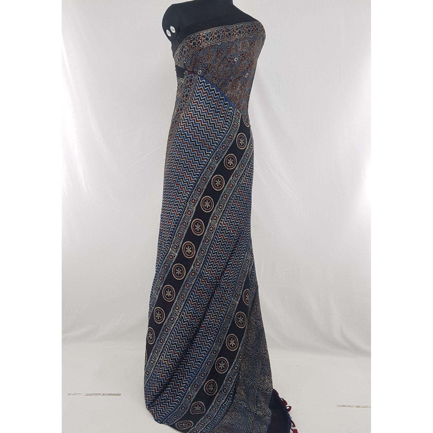 Ajrakh hand block printed natural dyed Modal Silk saree with Tassels - Vinshika
