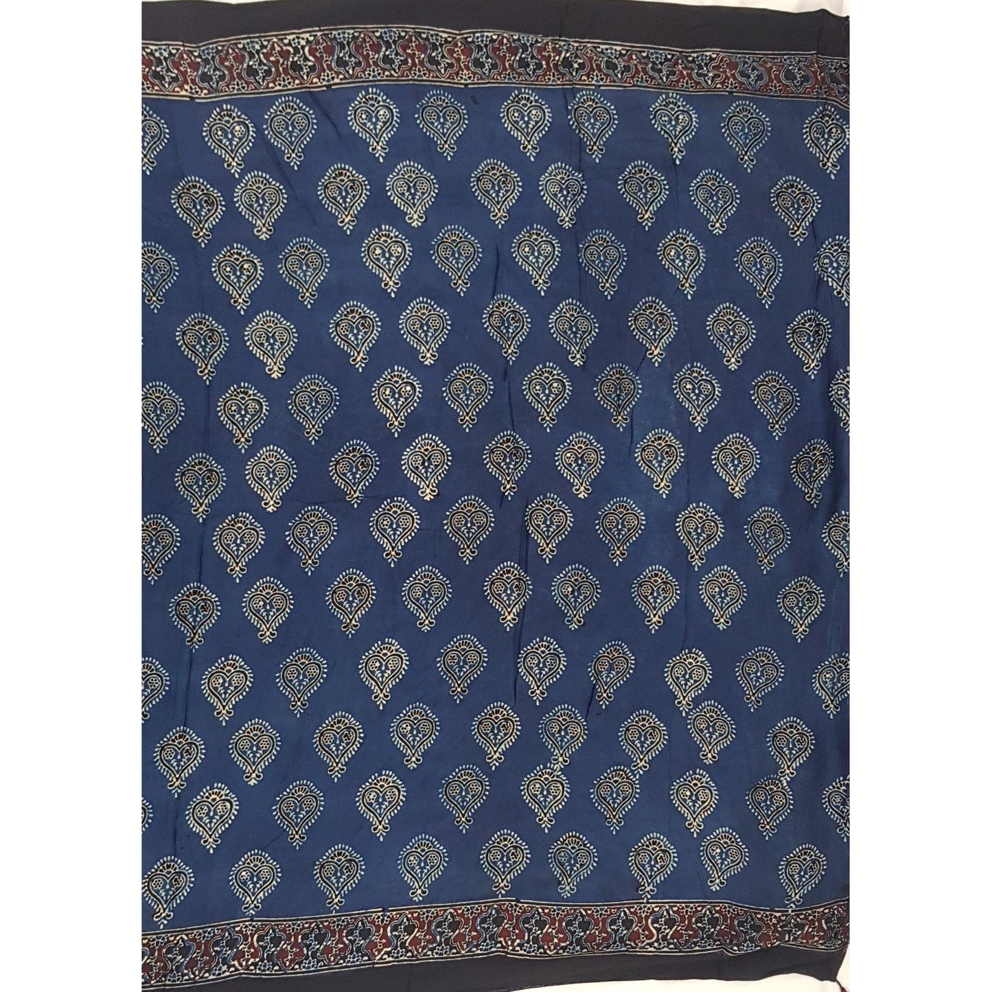 Ajrakh hand block printed natural dyed Modal Silk saree with Tassels - Vinshika