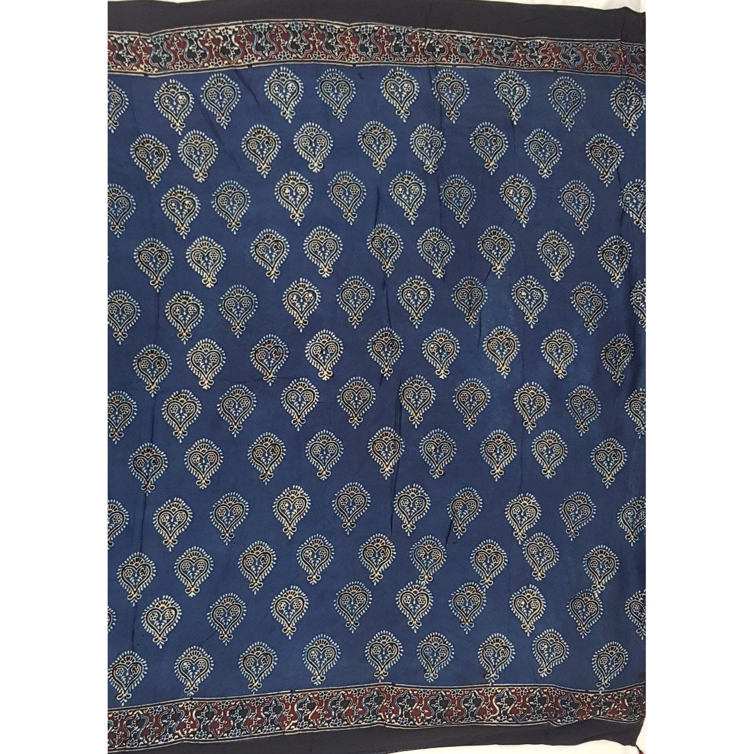 Ajrakh hand block printed natural dyed Modal Silk saree with Tassels - Vinshika