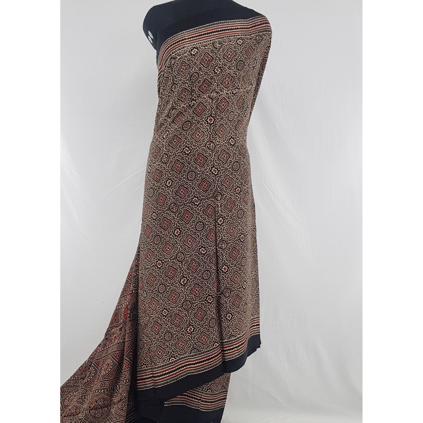 Ajrakh hand block printed natural dyed Modal Silk saree with Tassels - Vinshika