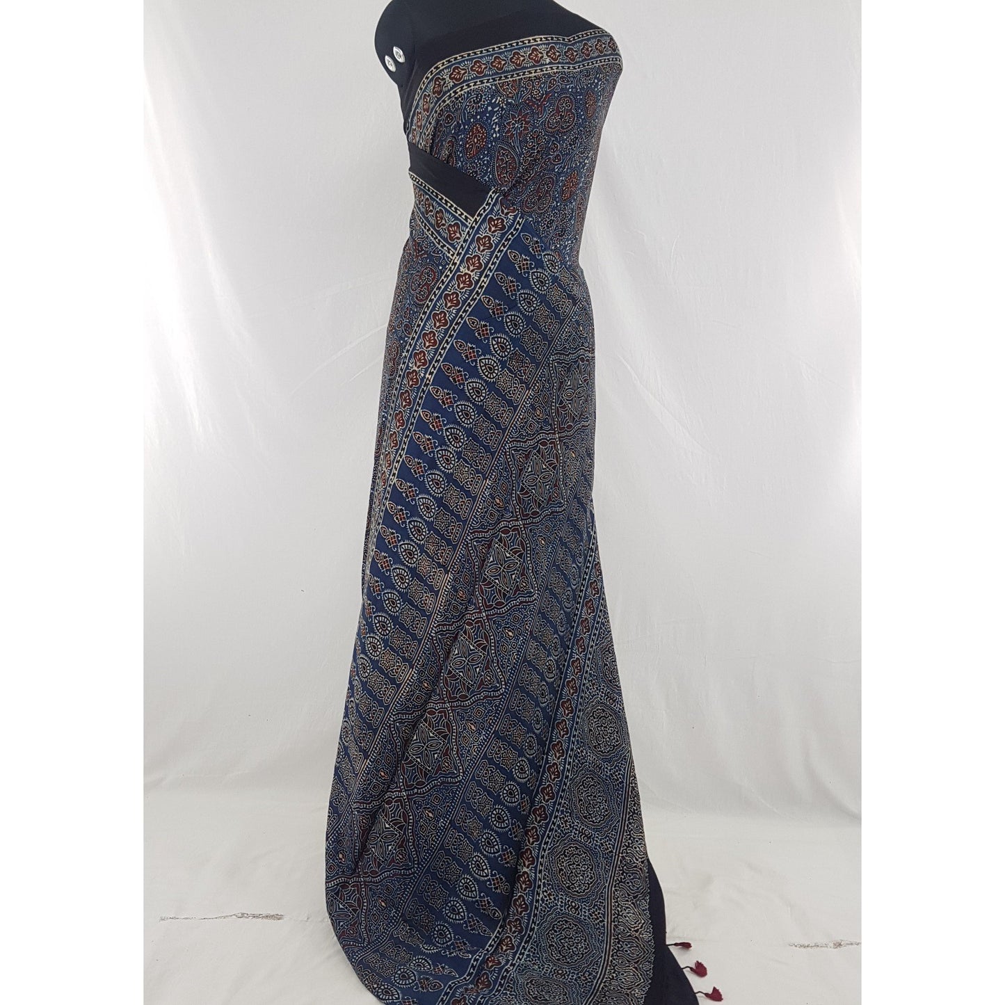 Ajrakh hand block printed natural dyed Modal Silk saree with Tassels - Vinshika