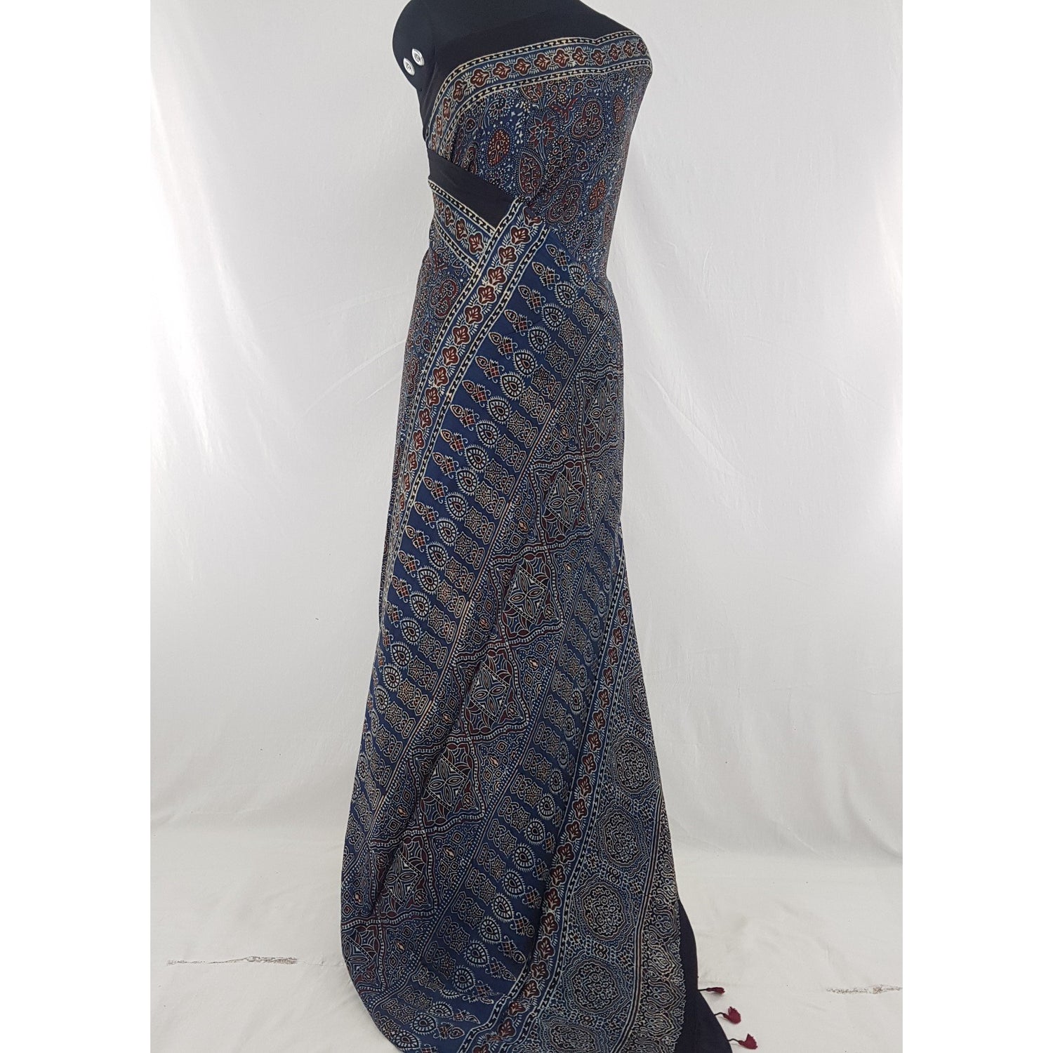 Ajrakh hand block printed natural dyed Modal Silk saree with Tassels - Vinshika