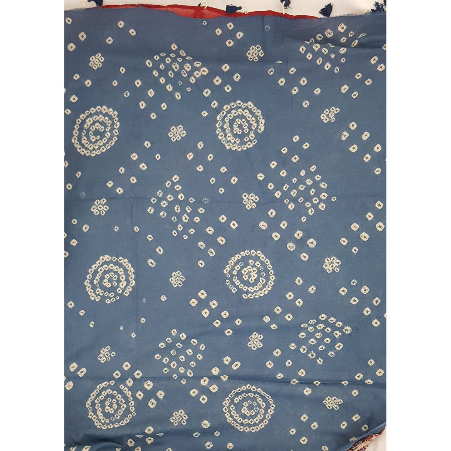 Bandhani and Ajrakh hand block printed natural dyed Cotton saree with Tassels - Vinshika