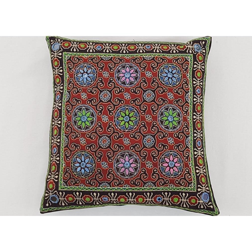 Ajrakh Cotton Hand Embroidered Mirror work Cushion Cover - Vinshika