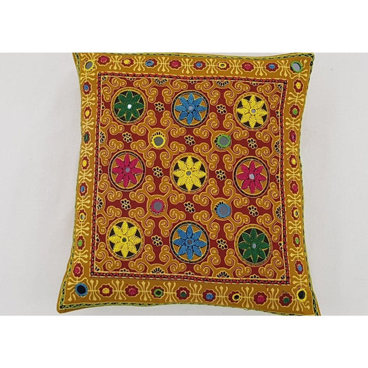 Ajrakh Cotton Hand Embroidered Mirror work Cushion Cover - Vinshika