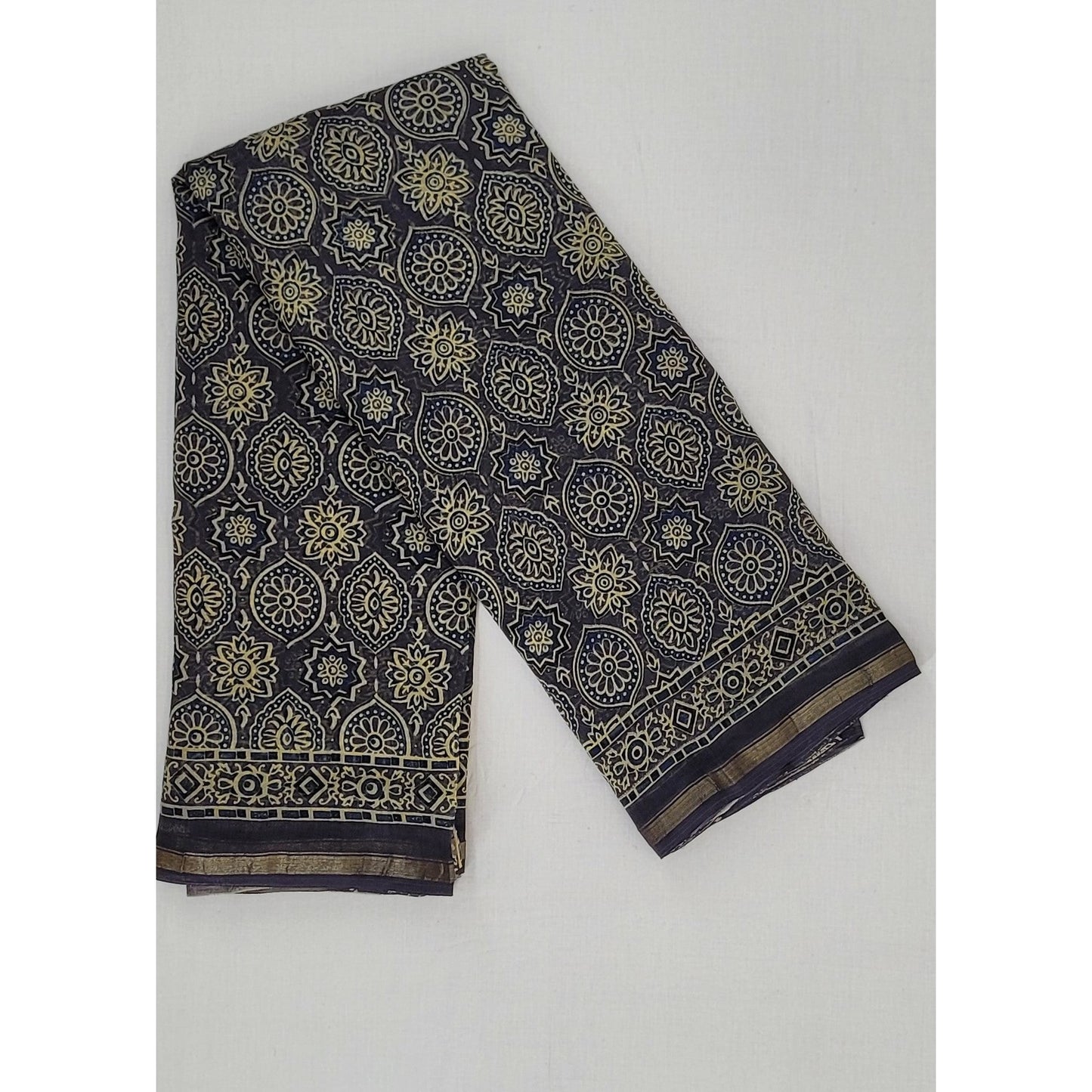 Bagru Block Printed Chanderi Saree with small Zari border - Vinshika