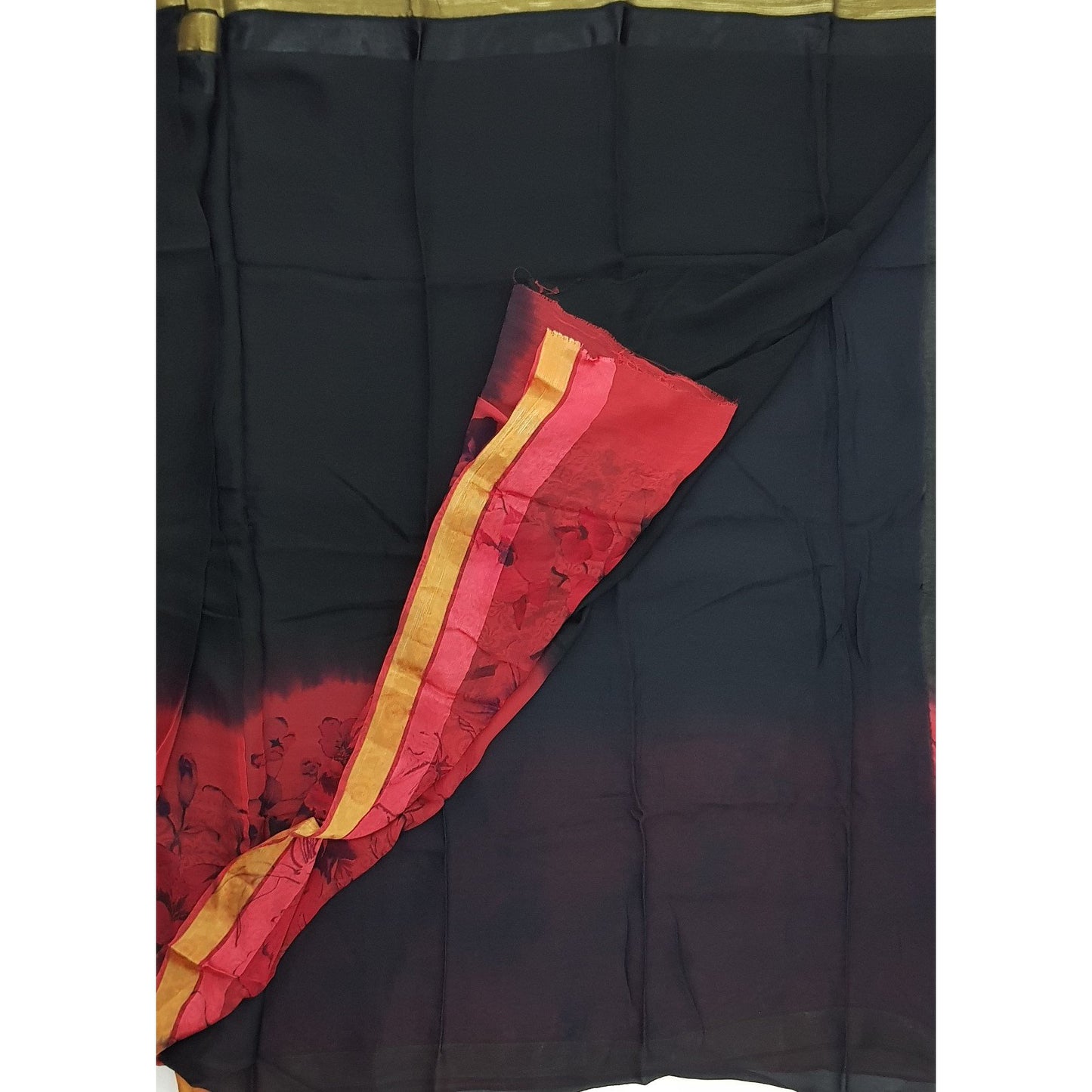 Black Color Floral Pure Chiffon Saree with Satin and Golden Border - Vinshika