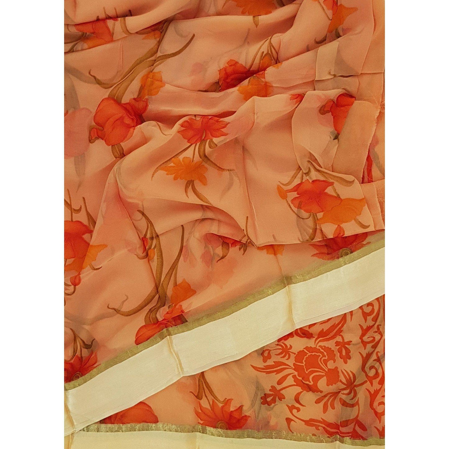 Coral peach color floral chiffon saree with satin border - Vinshika