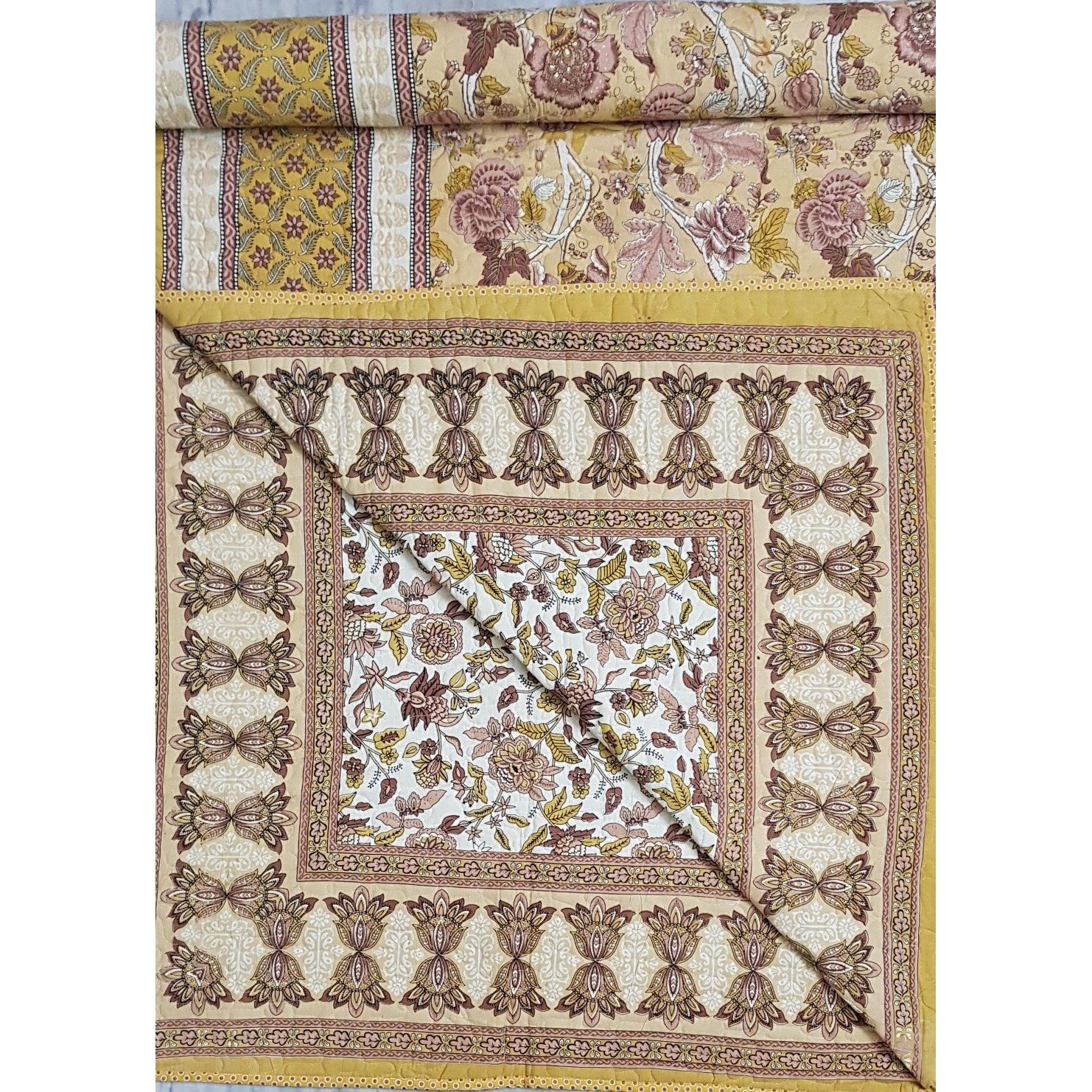 Bagru Hand Printed Reversible Double Bed Cotton Quilt - Vinshika