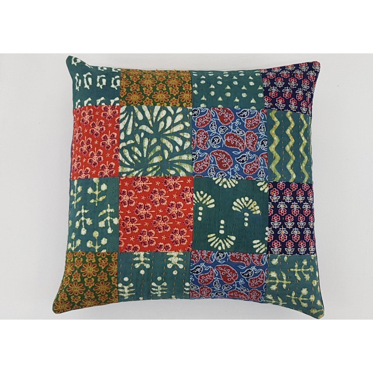 Cotton Block Print Patchwork Kantha Stitch Cushion Cover - Vinshika