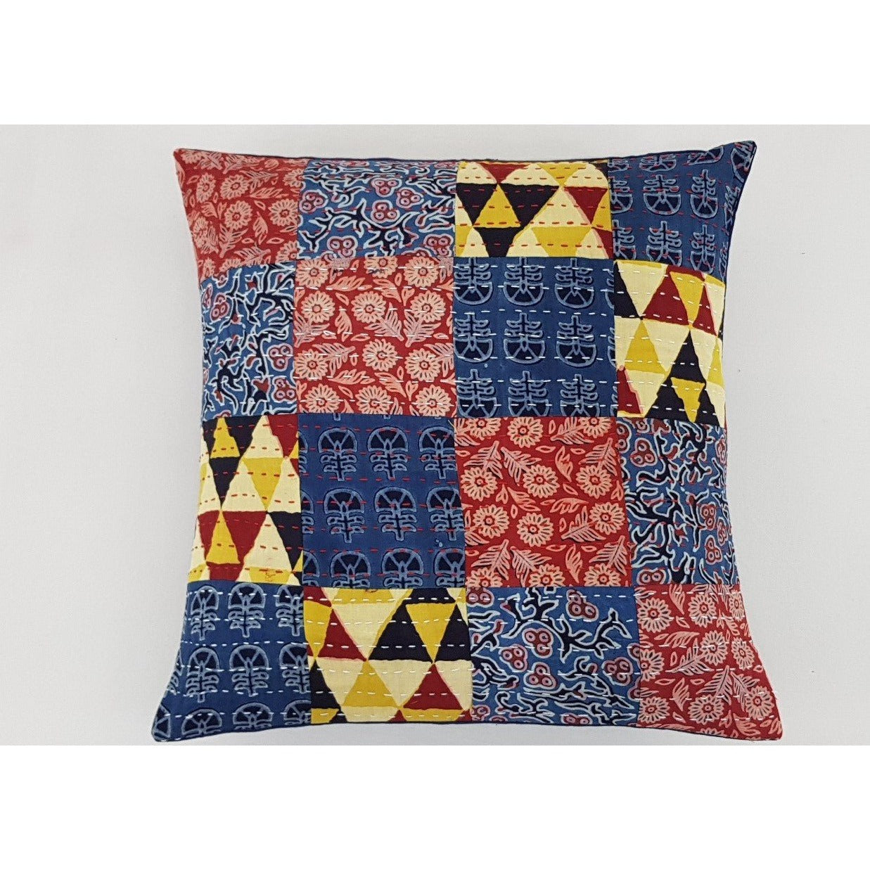Cotton Block Print Patchwork Kantha Stitch Cushion Cover - Vinshika