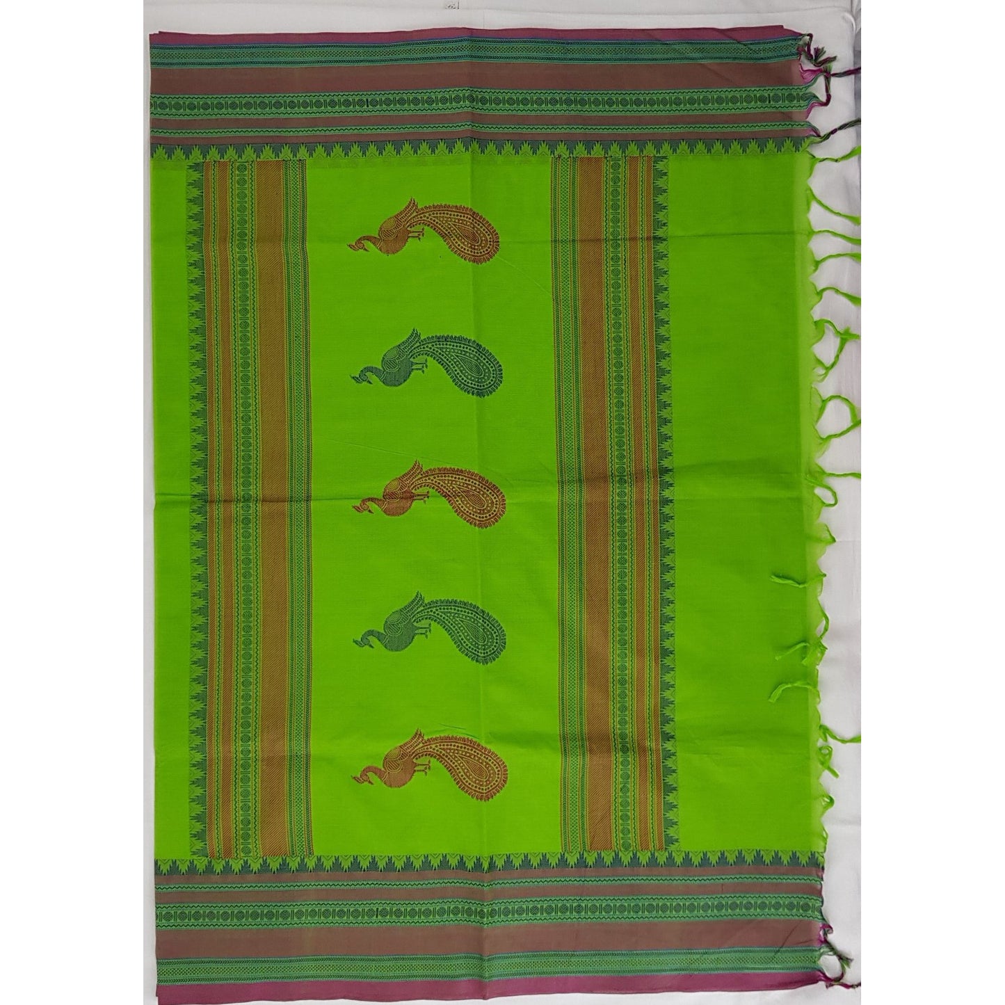 Parrot Green and Pink Color Kanchi cotton saree with thread border and Rich Pallu - Vinshika