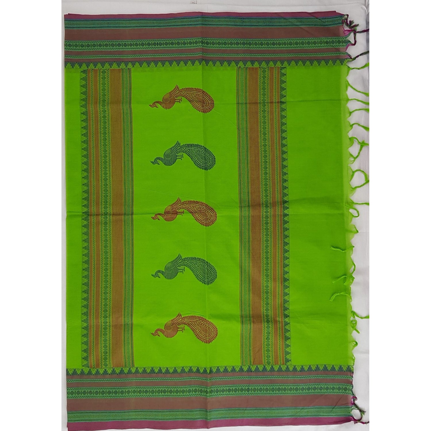 Parrot Green and Pink Color Kanchi cotton saree with thread border and Rich Pallu - Vinshika