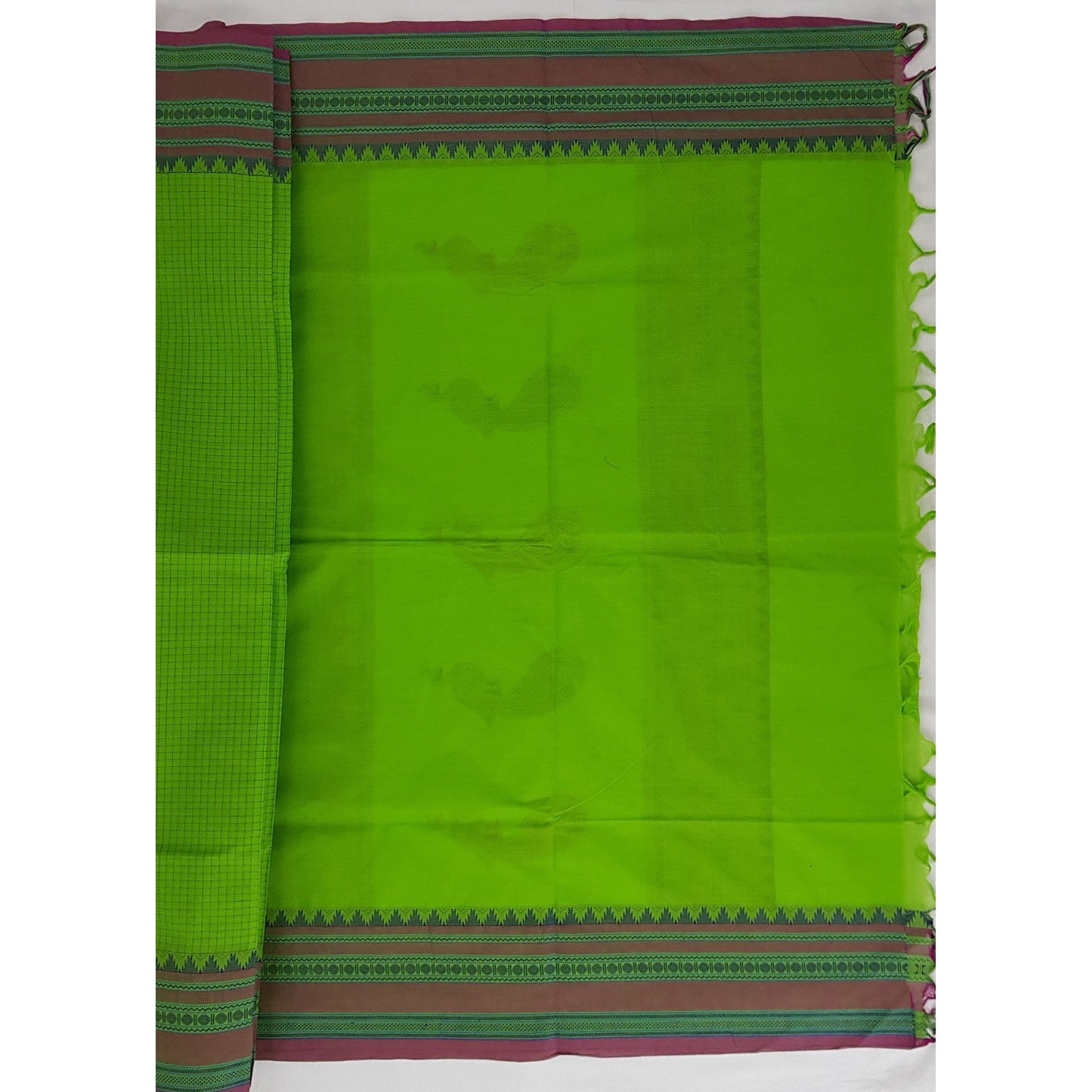 Parrot Green and Pink Color Kanchi cotton saree with thread border and Rich Pallu - Vinshika