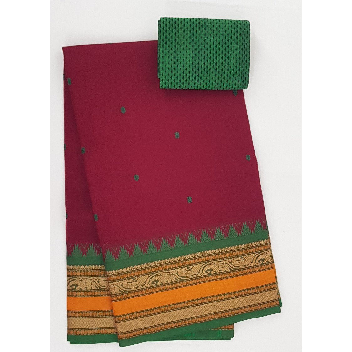 Maroon and Green Color Kanchi cotton saree allover buttis with thread border - Vinshika