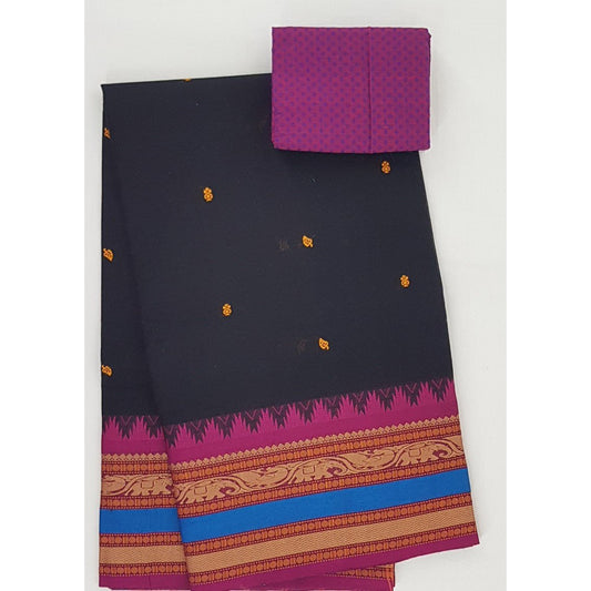 Black and Pink Color Kanchi cotton saree allover buttis with thread border - Vinshika