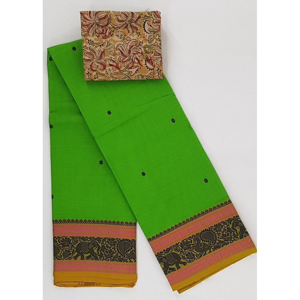 Green Color Kanchi cotton saree allover buttis with thread border - Vinshika