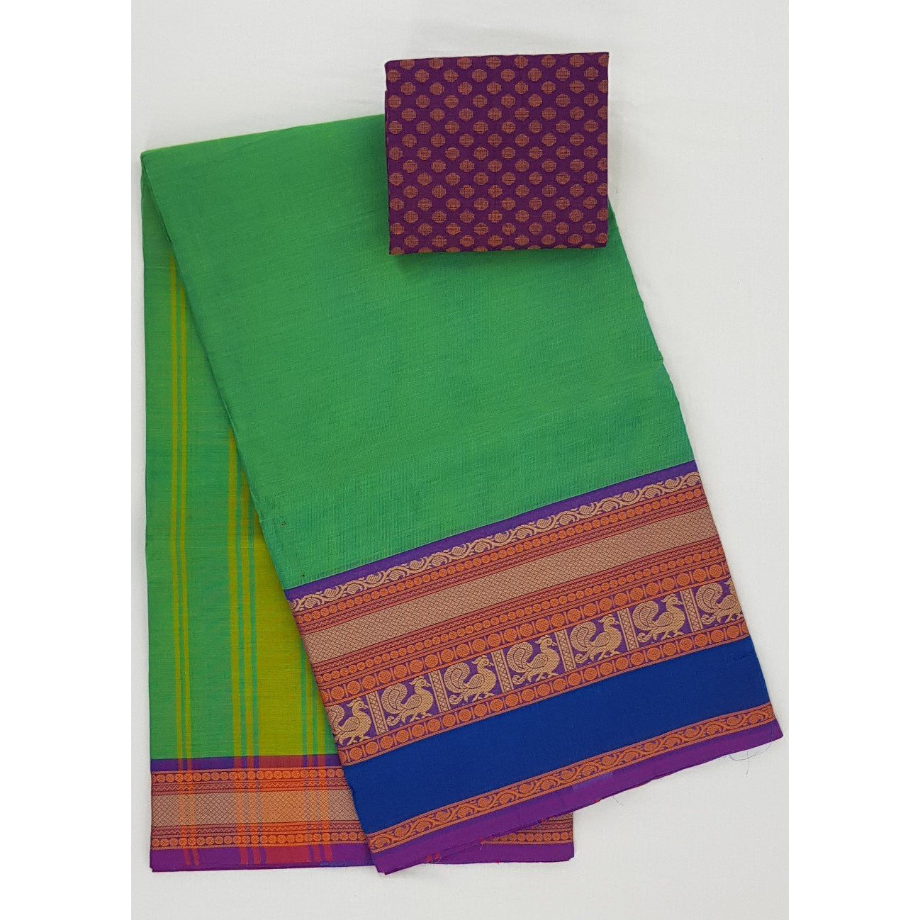 Kiwi and Blue Color Kanchi cotton saree with thread border - Vinshika
