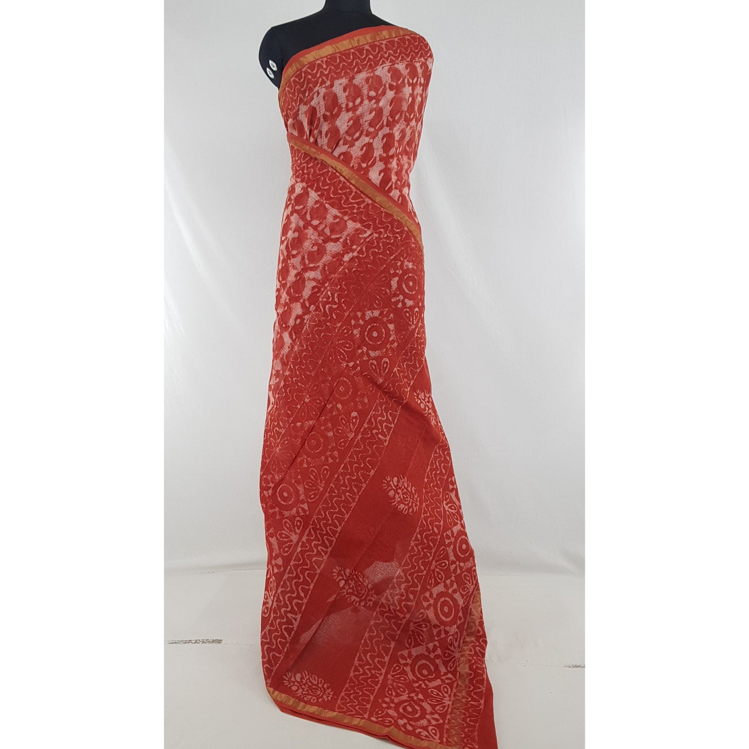 Carrot Color Hand Printed Kota Cotton Saree with Zari border - Vinshika