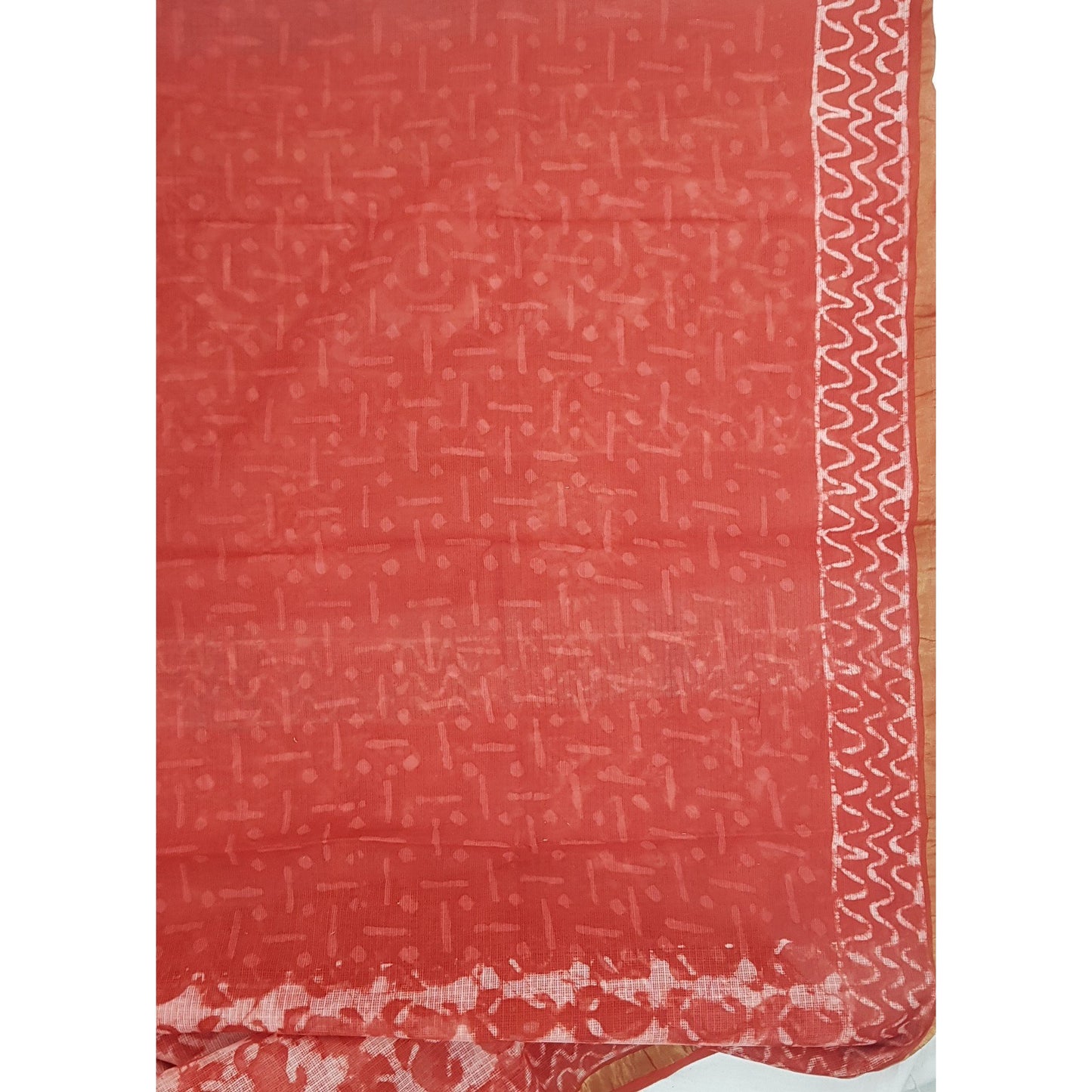 Carrot Color Hand Printed Kota Cotton Saree with Zari border - Vinshika