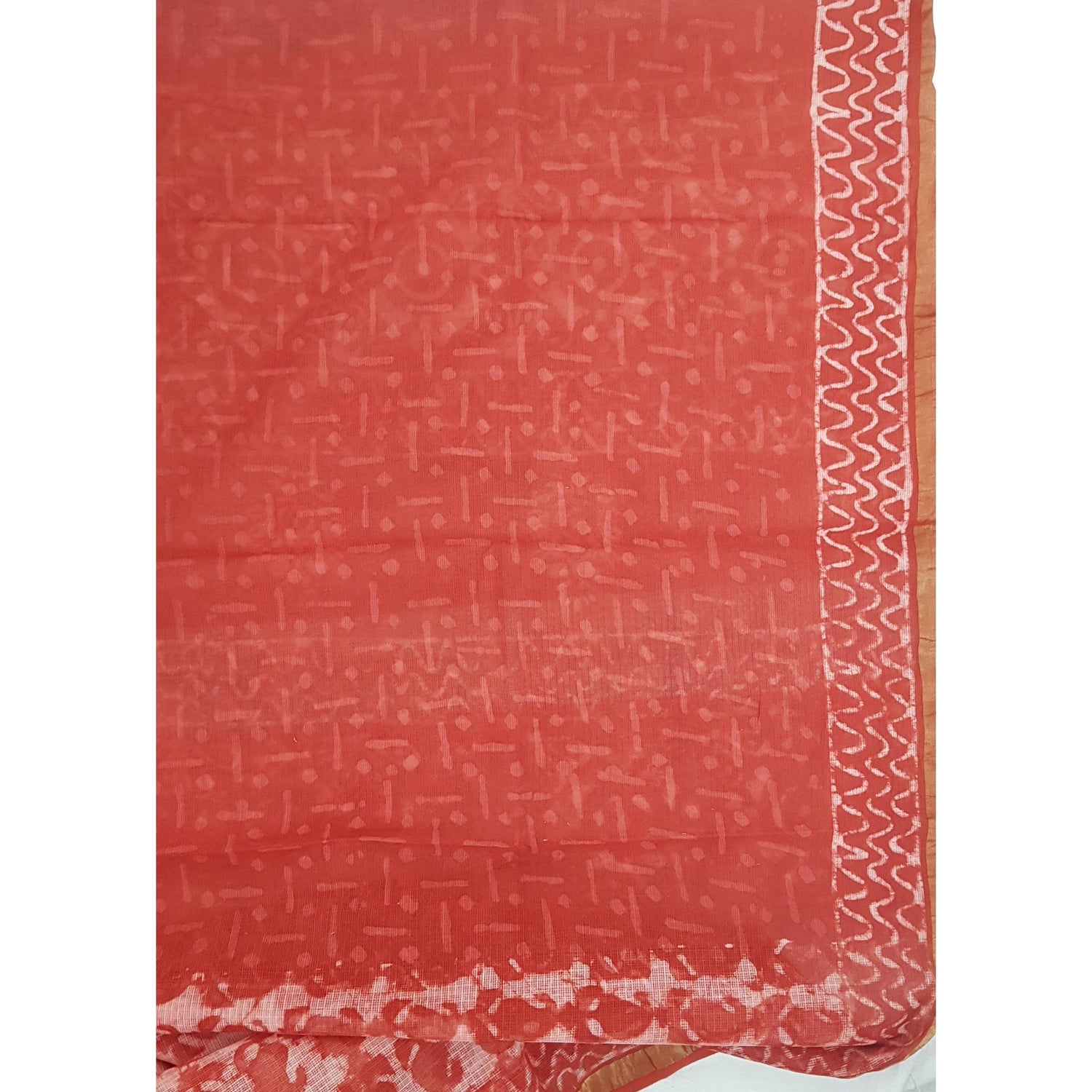 Carrot Color Hand Printed Kota Cotton Saree with Zari border - Vinshika