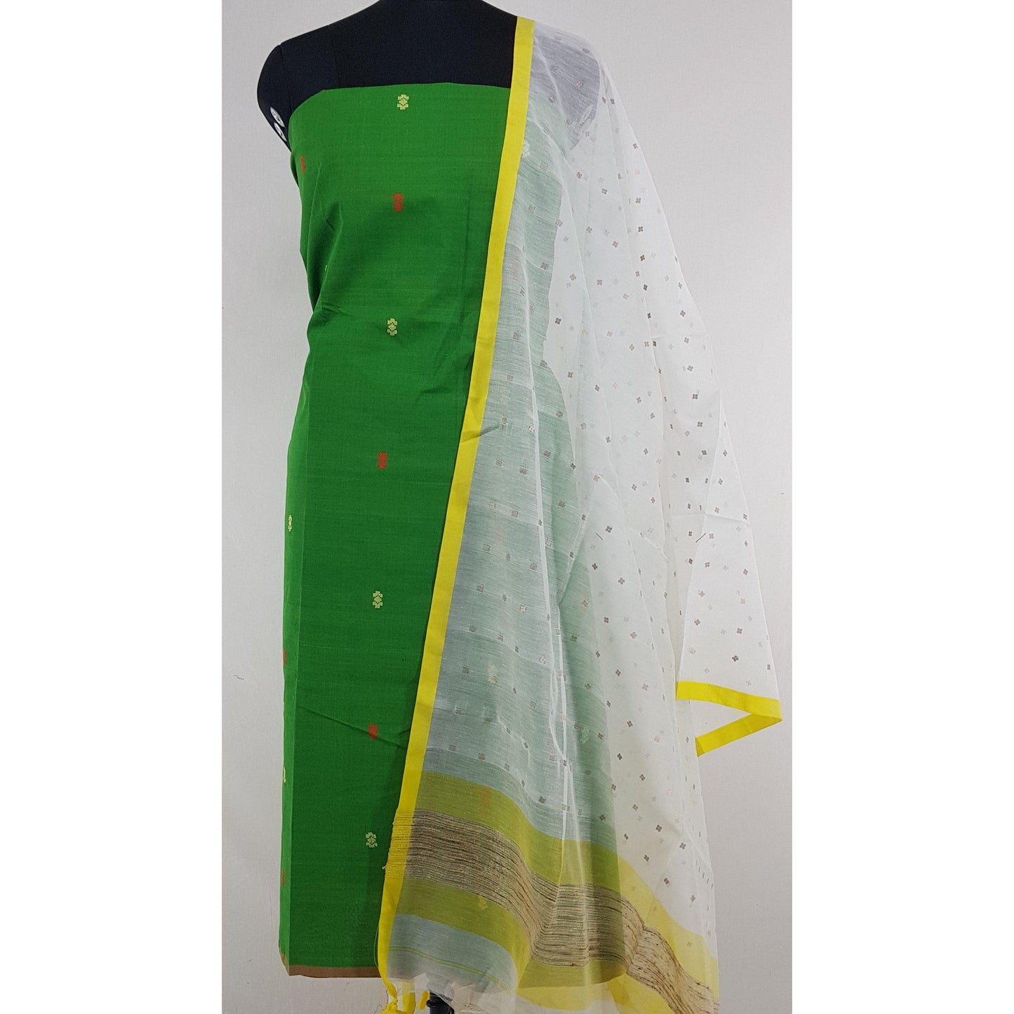 Sequin handwoven cotton silk dupatta with Handmade yarn butta cotton top - Vinshika