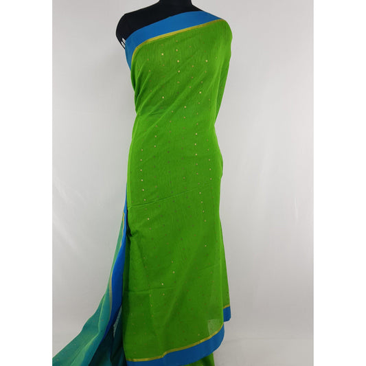Green and Blue sequin handloom cotton silk saree - Vinshika