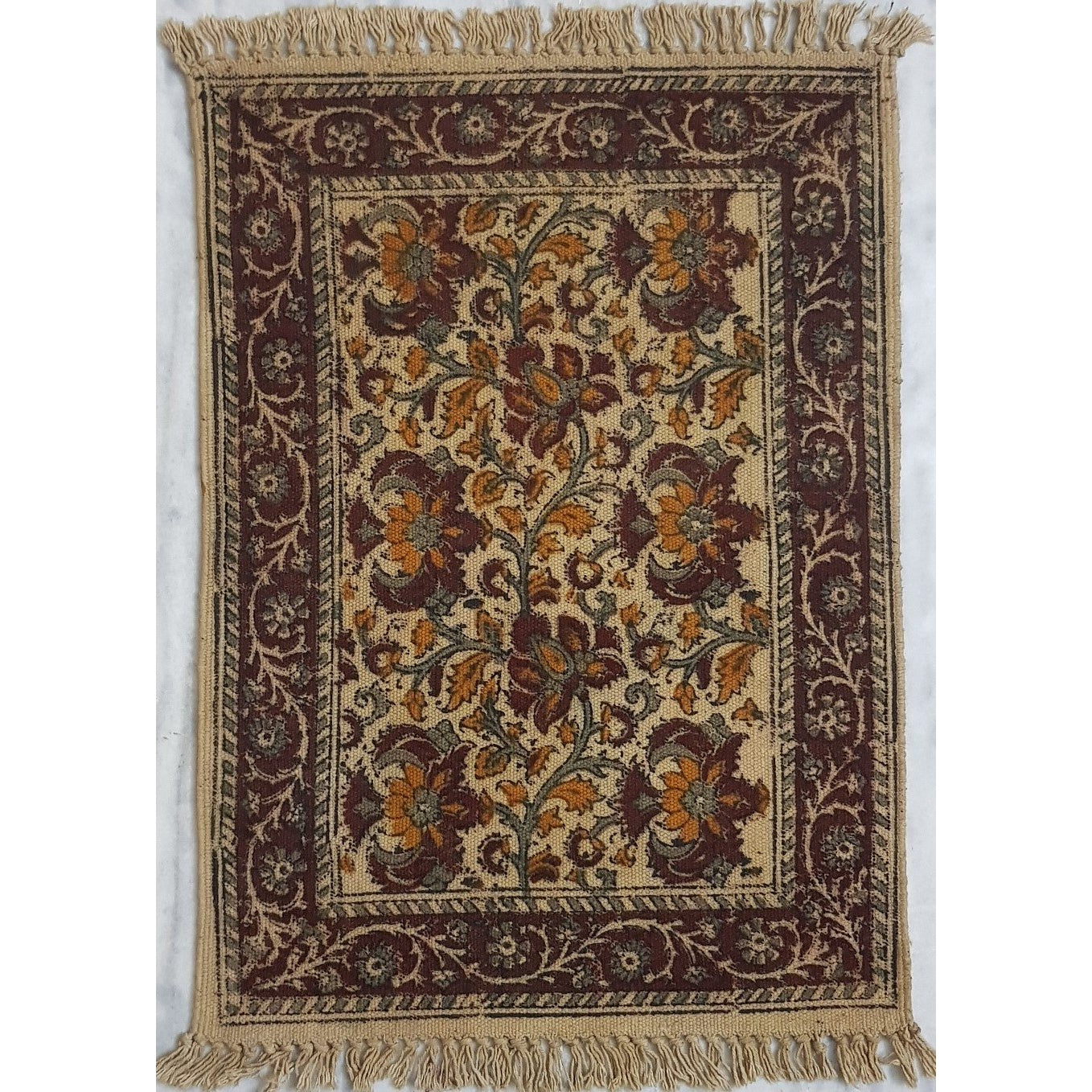 Kalamkari printed Handwoven Dhurrie – 1.5 ft X 2 ft - Vinshika