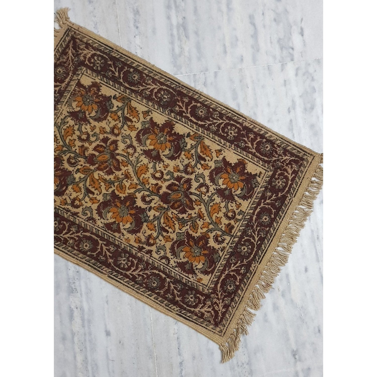 Kalamkari printed Handwoven Dhurrie – 1.5 ft X 2 ft - Vinshika