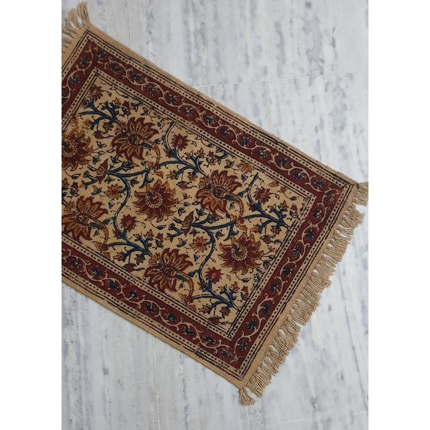 Kalamkari printed Handwoven Dhurrie – 1.5 ft X 2 ft - Vinshika