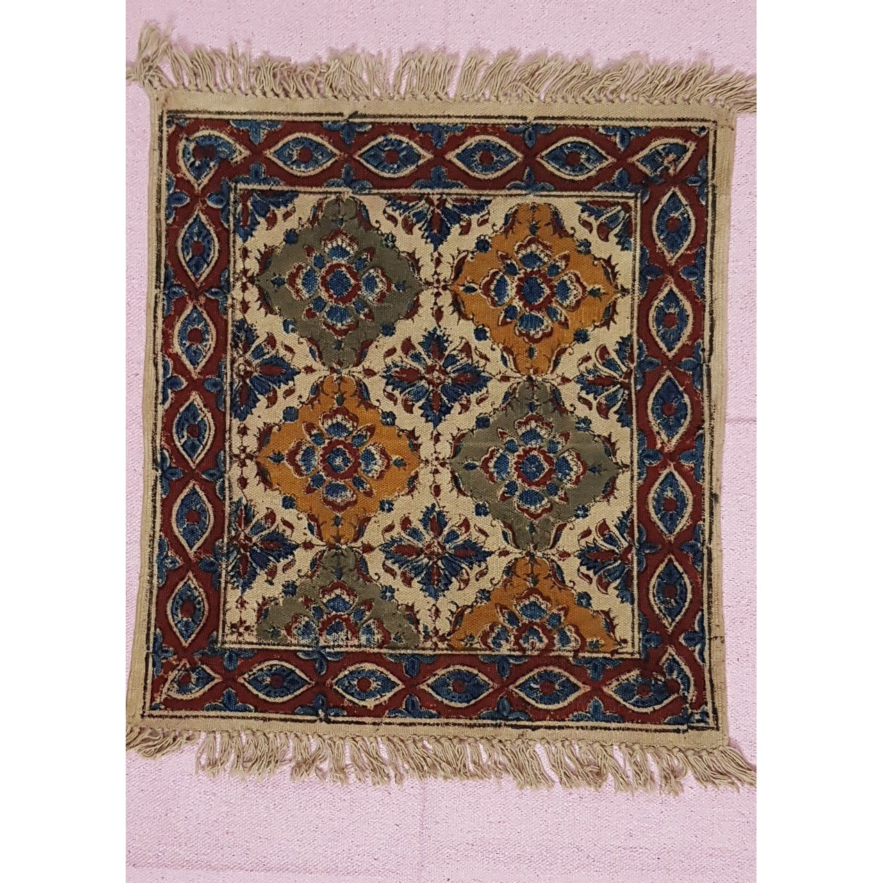 Kalamkari printed Handwoven Dhurrie – 2 ft X 2 ft - Vinshika