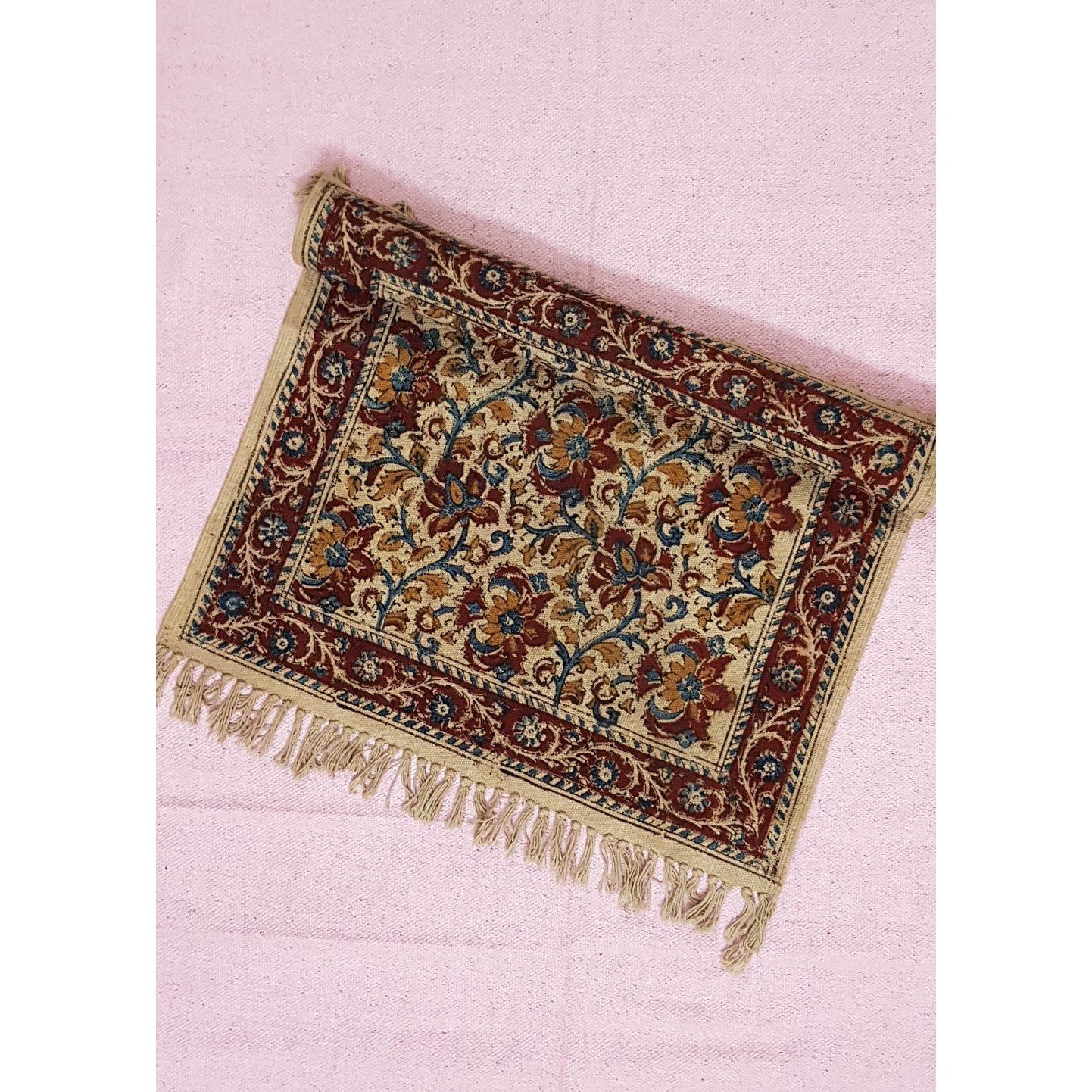 Kalamkari printed Handwoven Dhurrie – 2 ft X 2 ft - Vinshika