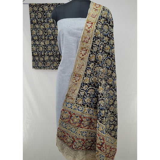 Grey Melange Mangalagiri Cotton Top paired with a Kalamkari Dupatta & Bottom – Elegant 3-Piece Salwar Set - Vinshika