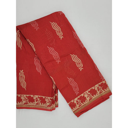 Chanderi Bagru Block Printed Saree with small Zari border - Vinshika