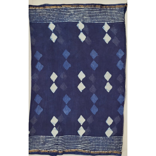 Chanderi Bagru Block Printed Saree with small Zari border - Vinshika