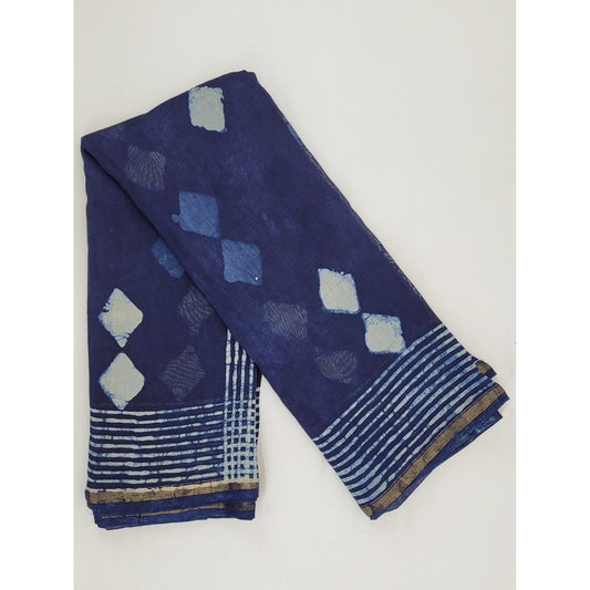 Chanderi Bagru Block Printed Saree with small Zari border - Vinshika