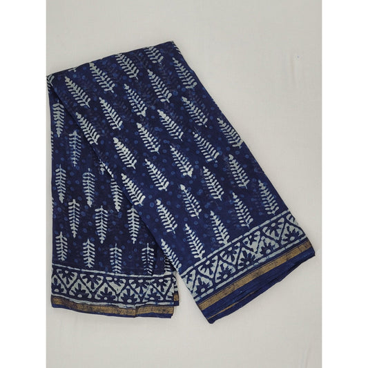 Chanderi Bagru Block Printed Saree with small Zari border - Vinshika