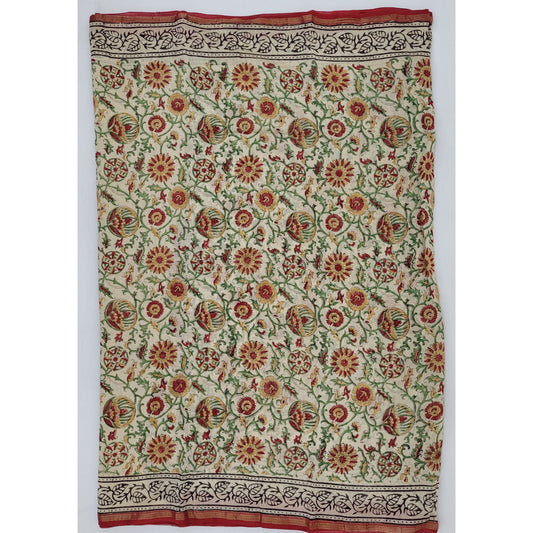 Chanderi Bagru Block Printed Saree with small Zari border - Vinshika
